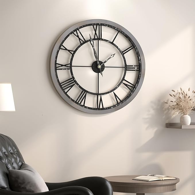 Large Wall Clock 24 Inch, Big Round Clock Decorative Battery Operated with Solid Wood Frame Non-Ticking Silent, Farmhouse Wooden Wall Clocks for Living Room, Kitchen, Office