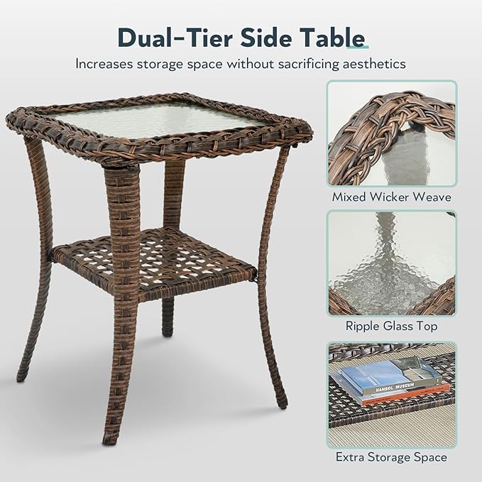 Wicker Outdoor Chairs Set - 3 Pieces Hollow Widen Armrests Patio Furniture Set with Side Table, Comfortable High Back Rattan Chairs for Balcony Porch Deck and Yard - Brown/Blue