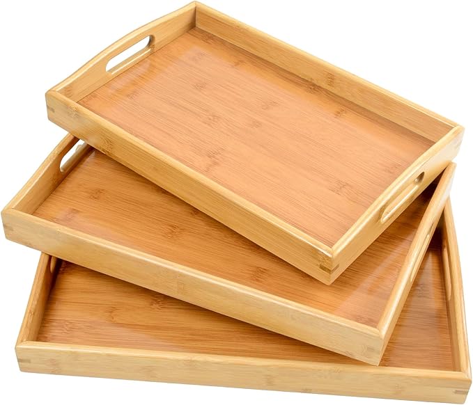 3 Pack Bamboo Serving Trays with Handles, Rectangular Kitchen Food Tray for Eating, Dinner Trays for Eating on Couch, Wood Serving Platter for Breakfast, Tea, Bar, Restaurant, Party or Bed (Beige)