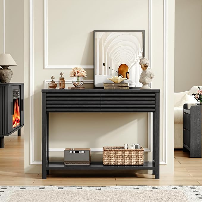 EAG 40" Fluted Console Table with 2 Drawers, Modern Wood 2 Tier Entryway Table with Storage Shelf, Narrow Sofa Tables Behind Couch for Entrance Foyer, Hallway, Living Room, Black