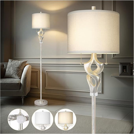 Scenekoy Sculptural 65.5” Floor Lamp for Living Room Bedroom, Silver Leaf Finish & Resin Body, Pull Chains Switch Standing Lamp, Brightness Adjustable Corner Lamp with Bulb Prefer for Home Office Bar