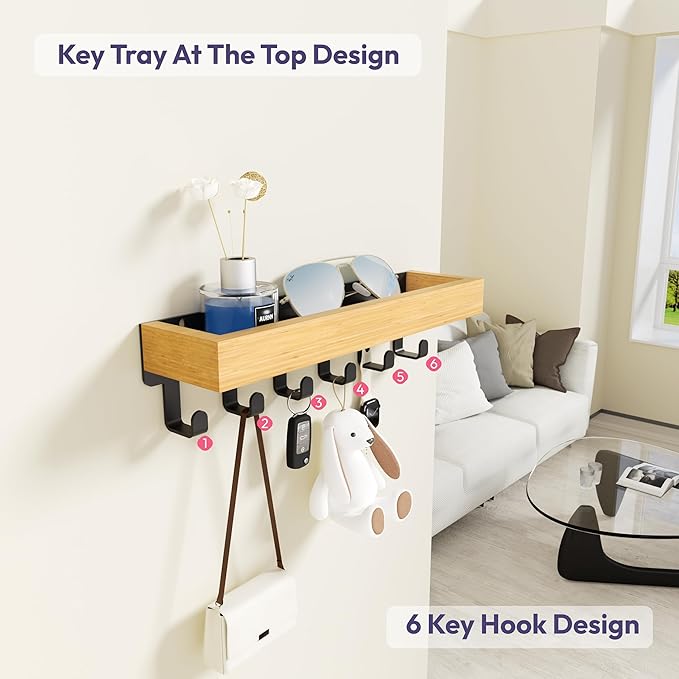 SWTYMIKI Key Holder Wall Mount-Wooden Key Hooks for Wall with Mail Organizer & 6Hooks, 2Installation Ways Key Hanger, Key Rack with Shelf for Entryway Living Room Bedroom Home Decor Wood+Black