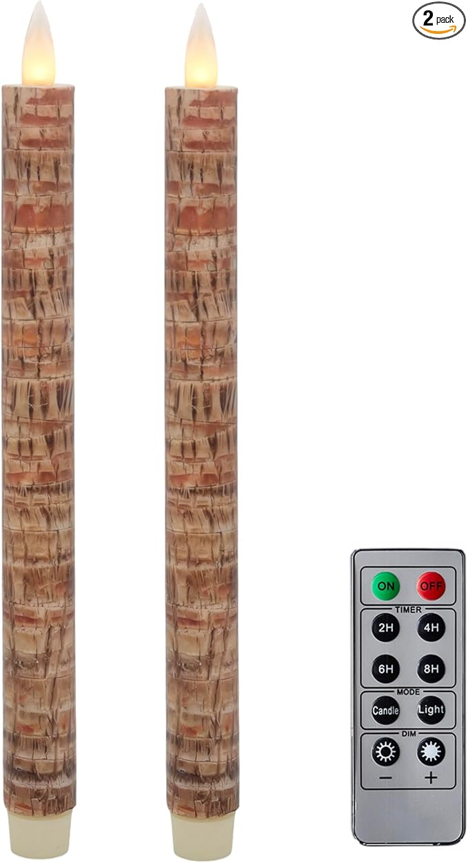 Flameless Taper Candles Flickering with Remote and Timer, 3D Moving Flame Taper Candle Battery Operated to 400 Hours, 9 Inch Window Candles, (Palm Bark)
