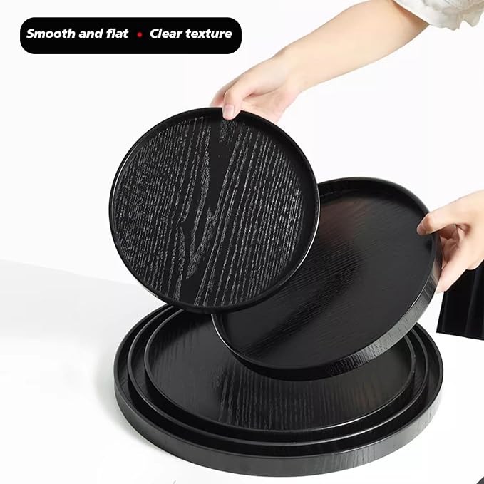 Round Wood Serving Tray, Solid Wooden Decorative Tray Non-Slip Tea Coffee Table Tray Snack Plate Food Meals Serving Tray with Raised Edges for Home Decor Kitchen Restaurant (8.2inch, Black)