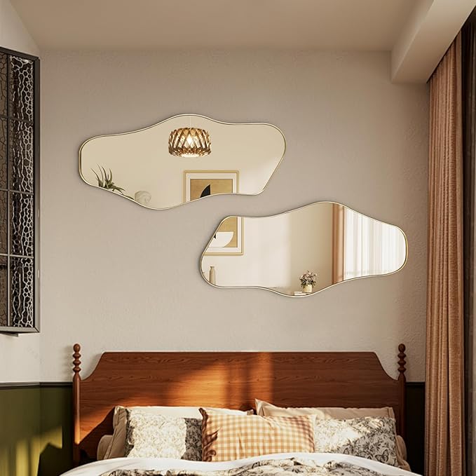 Gold Irregular Mirror, Asymmetrical Mirrors Decorative, 40"x18" Unique Shaped Mirror with Metal Frame, Modern Abstract Mirrors for Living Room Bathroom Bedroom Hallway Entryway Fireplace