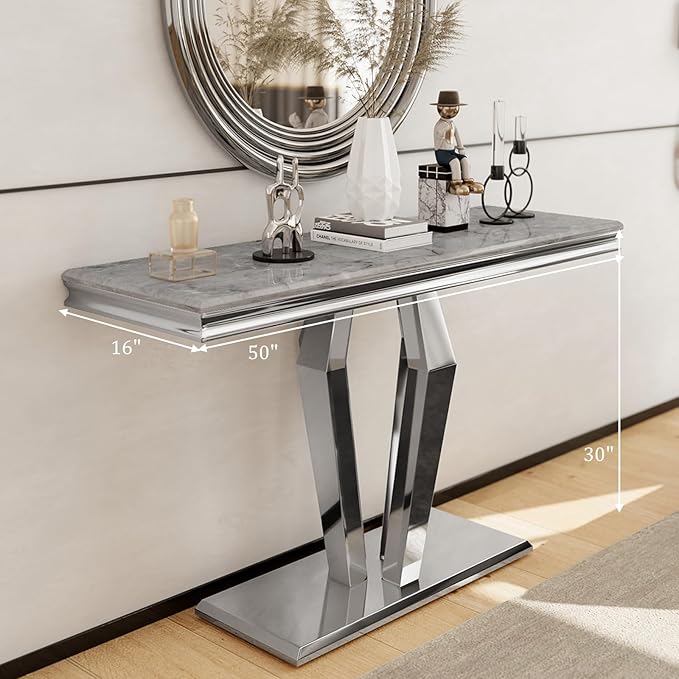 Asday Silver Console Table, Mirrored Sofa Table with Geometric Steel Base, Modern Silver Narrow Rectangular Console Table for Entryway, Living Room, Office, Coffee Bar, Front Hall