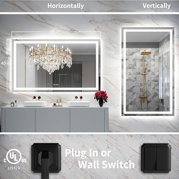 LED Mirror for Bathroom, 66x40 Inch Backlit + Front Lighted Bathroom Vanity Mirror with Lights for Wall, Double Light Strips, 3 Colors, Shatter-Proof, Anti-Fog and Brightness Memory