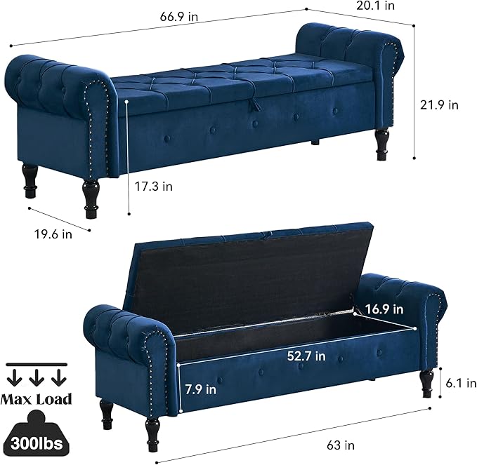Velvet Storage Bench 67 Inch Upholstered Tufted Ottoman Bench with Arms Large Storage Space King Size End of Bed Bench for Bedroom Living Room Entryway Navy Blue