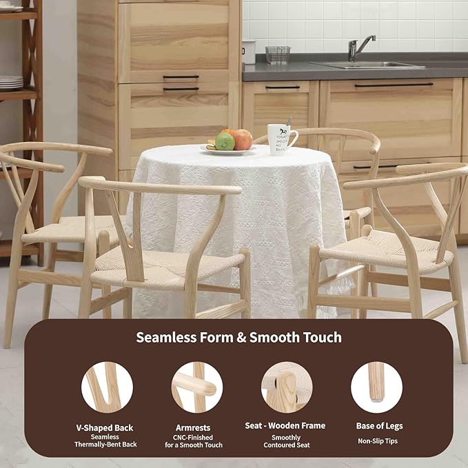 Tomile Solid Wood Wishbone Chair Y Chair Mid-Century Armrest Dining Chair, Hemp Seat (Ash Wood - Natural Wood Color)