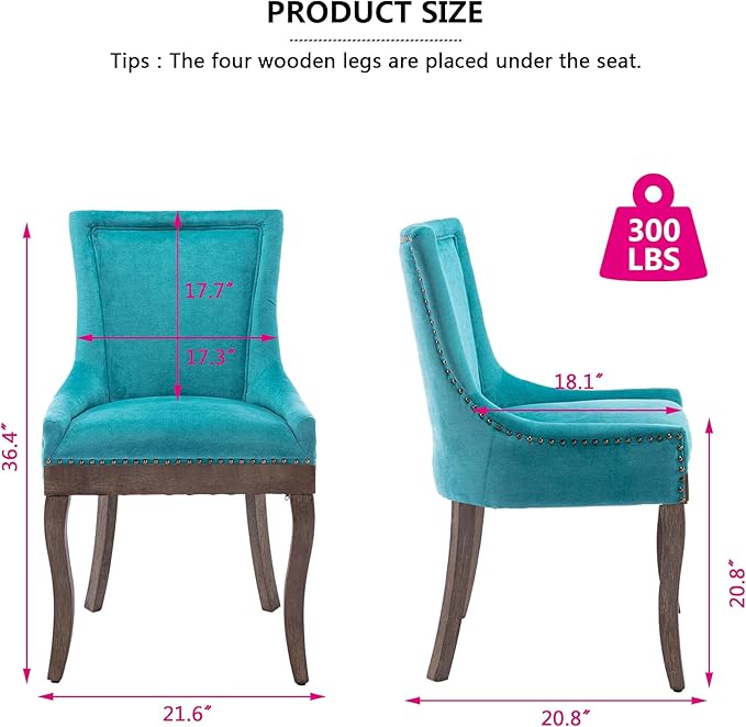 Farmhouse Dining Chairs Set of 2, Upholstered Fabric Dining Room Accent Chairs with Wood Legs & Bronze Nailhead, High Wingback Kitchen Chairs for Living Room Hotel Apartment, Blue