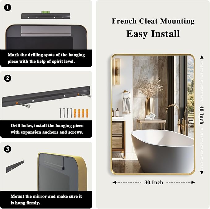 Wall Mirror 30" x 40" for Bathroom Gold Metal Deep Frame Rectangular Round Corner Wall Mounted Vanity Mirror for Bedroom Living Room Entryway Wall Decor