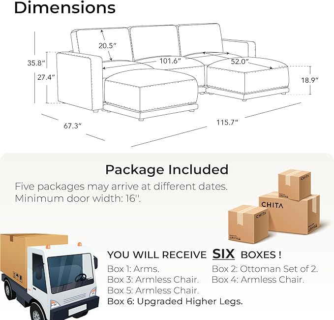 CHITA 116" Sectional Couches for Living Room, Modular Sectional Sofa with Chaise, Comfortable 8-Layer Cushion Structure Design, 5 Seat U Shaped Sectional Couch, Chenille in Cream
