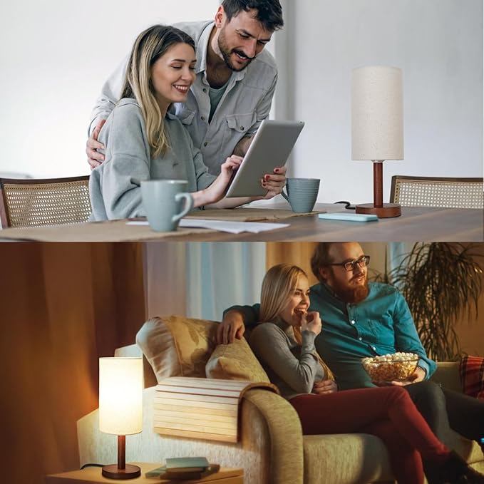 Small Table Lamp for Bedroom, Nightstand Lamp Linen Lampshade Bedroom Wood Base Small Bedside Lamp for Night Stands, Desk Lamps for Reading Living Room, Office (LED Bulb Included) (Black-Walnut Wood)
