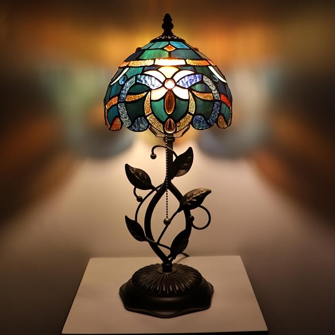 Small Tiffany Lamp Sea Blue Baroque Style Stained Glass Table Lamps Desk Bedside Reading Light 8X8X18 Inches with Bronze Metal Leaf Resin Base
