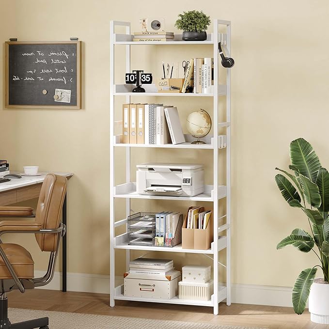 Rolanstar Bookshelf 6 Tier with 4 Hooks, Industrial Wood Bookcase, Vintage Storage Rack with Open Shelves, Rustic Standing Bookshelves Metal Frame Display Rack for Living Room, Bedroom, White