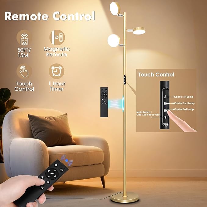 Tree Floor Lamp for Living Room - Modern Glod Standing Lamp, LED Floor Light with Remote & Touch, 3000K-6000K Dimmable for Bedroom Office Reading (3 Head)