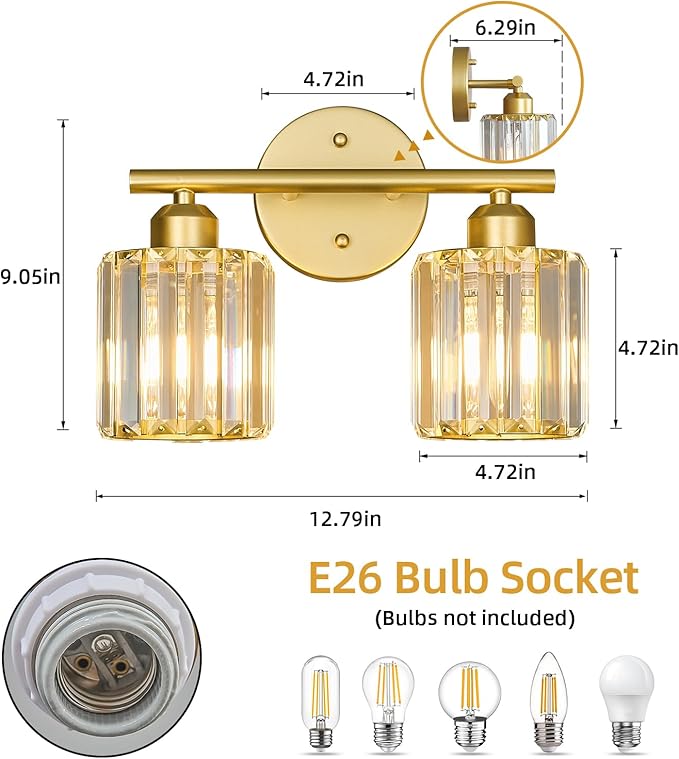 Modern 2 Light Crystal Vanity Light, Gold Vertical Bathroom Light Fixture Over Mirror for Dressing Table Sink, Compatible with Dimmable Bulbs (Bulbs Not Included)