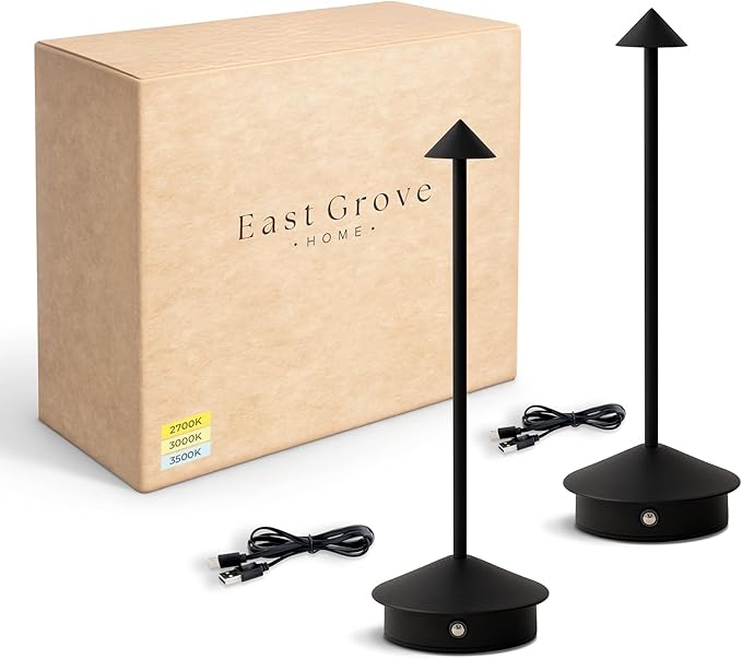 Arrrow LED Cordless USB-C Re-Chargeable Desk Lamp, 5200mAh Battery Operated with 3 Color Temperature 2700K-3000K-3500K and Fingertip Touch On/Off Plus Dimming in Black (Pack of 2)