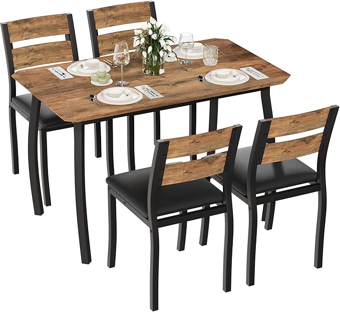GAOMON 5 Piece Dining Table Set for 4, Space-Saving Kitchen Table with Upholstered Chairs, Modern Angled Corner Design, Compact Dinner Set for Small Spaces, Apartment, Dining Room, Retro Brown