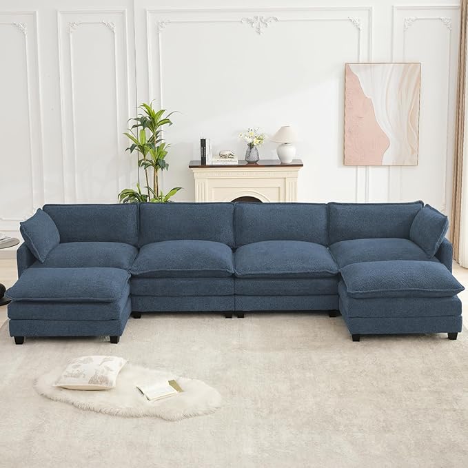 ROWHY Oversized Modular Sectional Couch with 2 Movable Ottoman, 148" Modern Convertible U Shaped Sofa Set, 4 Seat Comfy Cloud Couch with 2 Throw Pillows, for Living Room, Chenille, Royal Blue