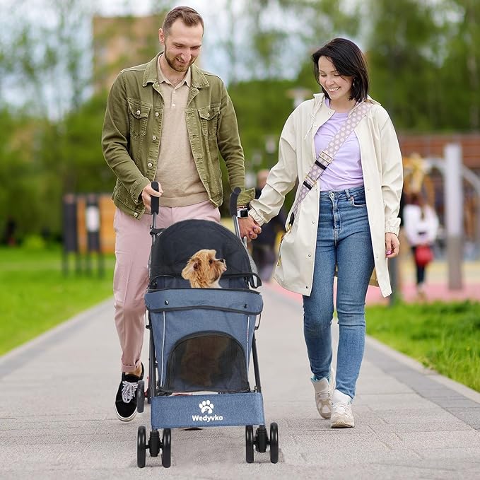 Umbrella Dog Stroller, Foldable Pet Stroller for Small Dogs Cats, 4 Wheels Pet Strolling Cart with Carrying Strap and Cup Holder, Breathable and Visible Mesh, Dog Poop Bags & Dispenser (Navy)
