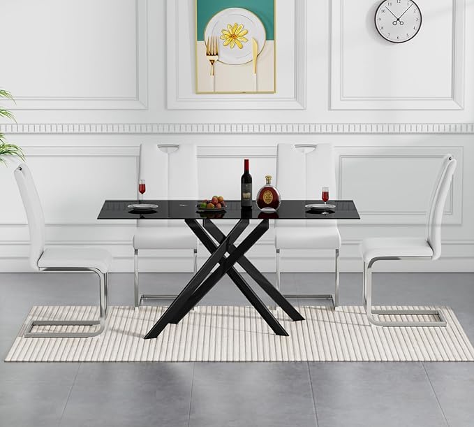 Goujxcy Modern Glass Dining Table Set for 4, Black Glass Kitchen Table and Chairs Set, 5 Piece Dining Room Table Set with 51" Rectangle Dinner Table and 4 White Leather Dining Chairs