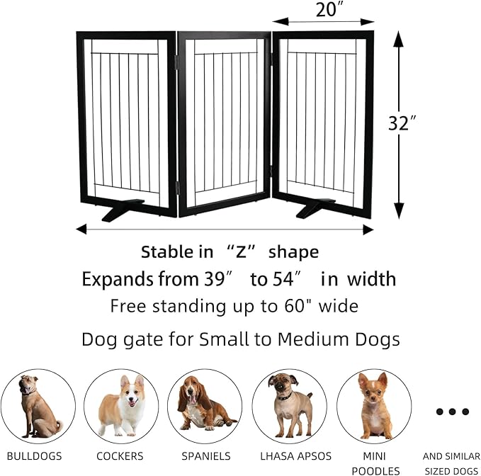 ZJSF Freestanding Dog Gate Indoor, Foldable Dog Fence for Doorways,Hallways or Stairs, Sturdy Wood Extra Wide Pet Gate with Support Feet,Black,32 "Height-3 Panels