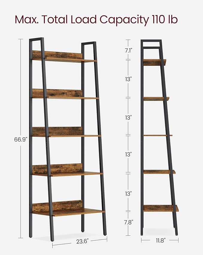 VASAGLE Bookshelf, 5-Tier Narrow Book Shelf, 11.8 x 23.6 x 66.9 Inches, Ladder Shelf for Home Office, Living Room, Bedroom, Kitchen, Rustic Brown and Ink Black ULLS067B01
