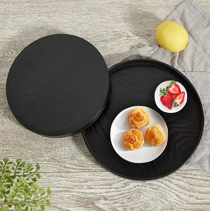 Round Wood Serving Tray, Solid Wooden Decorative Tray Non-Slip Tea Coffee Table Tray Snack Plate Food Meals Serving Tray with Raised Edges for Home Decor Kitchen Restaurant (8.2inch, Black)