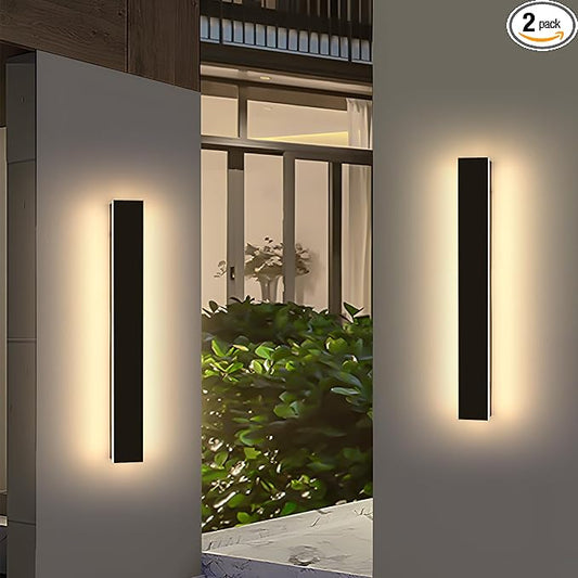 2 Pack 23.6inch Long Outdoor Led Wall Lights, IP65 Waterproof Black Outside Porch Lights, 3000K Warm White, 24W, Modern Exterior Wall Sconces Lighting for Garage, Patio, House, Garden