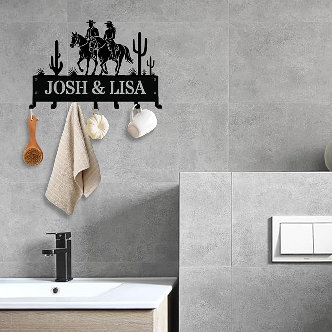 NIWAHO Personalized Western Couple Key Holder – Custom Metal Wall Sign with Hooks, Cactus and Horseback Riding Scene for Rustic Entryway or Desert Cabin Decor