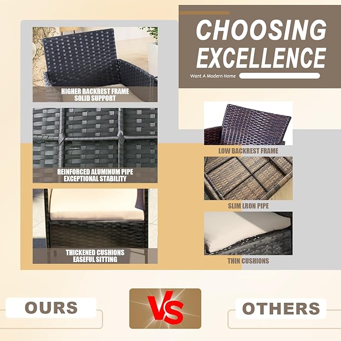 3 Pieces Patio Furniture Set, Outdoor Conversation Sets, Wicker Rattan Chairs for Garden Backyard Balcony Porch Poolside, Set with Glass Table and Soft Cushions (Black+Beige)