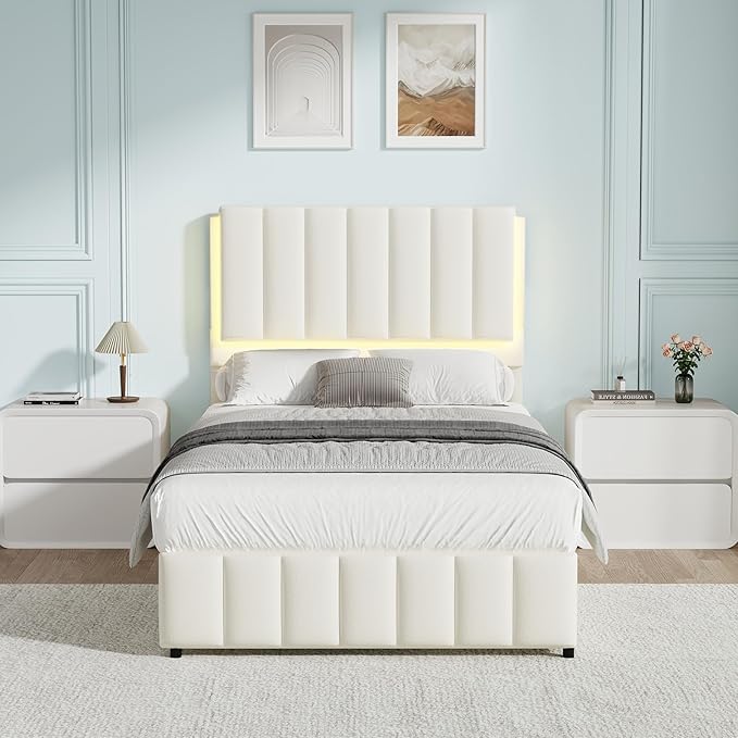 Twin Upholstered Bed Frame with LED Lights, Faux Leather Platform Bed with Headboard and Wooden Slats Support, No Box Spring Needed, Noise-Free, Easy Assembly, Cream