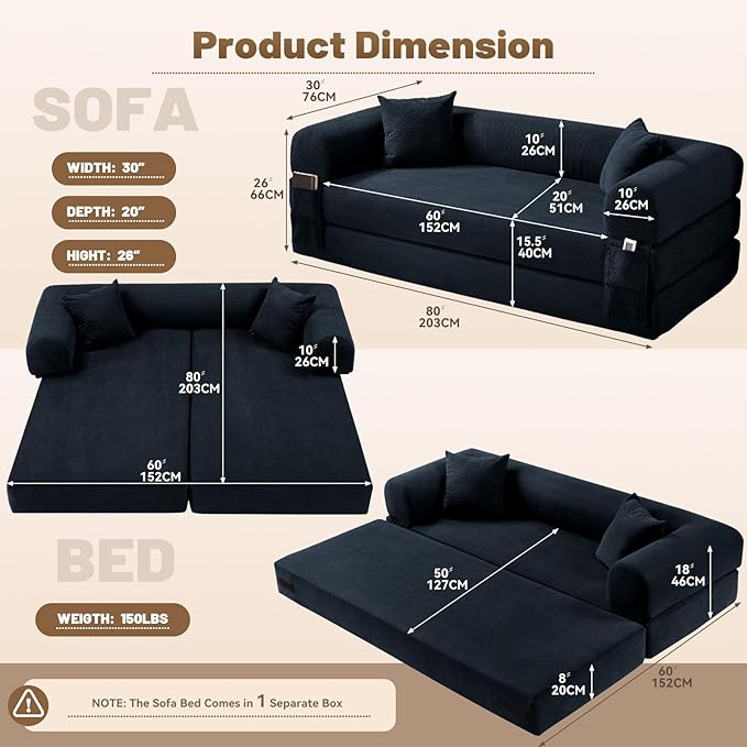 80" Convertible Sofa Bed,Folding Pull Out Couch with Pillows & Storage Pocket,Modular Corduroy Queen Sleeper Sofa in a Box,No Assembly Boneless Couch for Living Room,Deep Blue