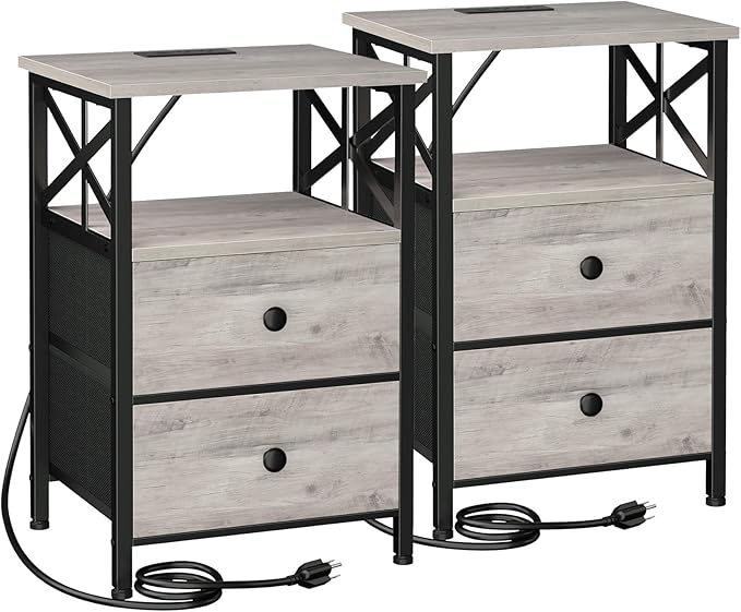 AMHANCIBLE Night Stand Set 2, Nightstand with Charging Station, End Tables Living Room with USB Ports and Outlets, Bedside Tables with Fabric Drawers for Bedroom, Greige HET05XGY