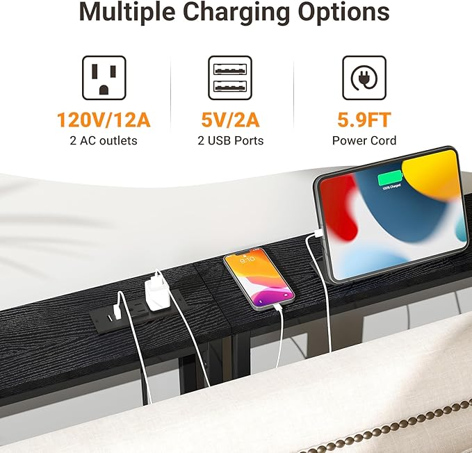 ELYKEN 5.9" Narrow Console Sofa Table with Power Outlets, Total 39.4” Long Behind Couch Table with Charge Station and 5.9’ Extension Cord for Living Room, 5.9" D x 39.4”W x 29.5”H, Black