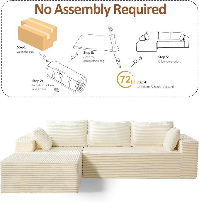 110" Boneless Sectional Couch with Chaise Lounge, Cloud Couch Compressed Sofa L Shape, No Assembly Memory Foam Sofa for Living Room, White Corduroy