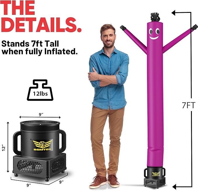 7FT Air Inflatable Waving Tube Man Set with Blower & Wheel, Air Puppet Dance Artist for Mall Opening, Amusement Park, Outdoor Decoration，Purple