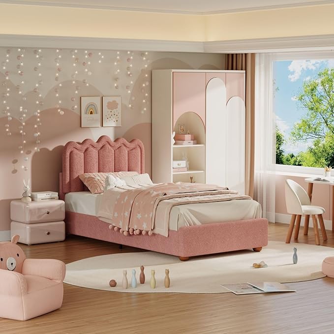 Twin Bed Frame with Headboard, Boucle Bed Frame, Soft Upholstered Platform Cloud Bedframe with Footboard, Solid Wood Legs, Solid Wooden Slats Support, No Box Spring Required, Easy Assembly