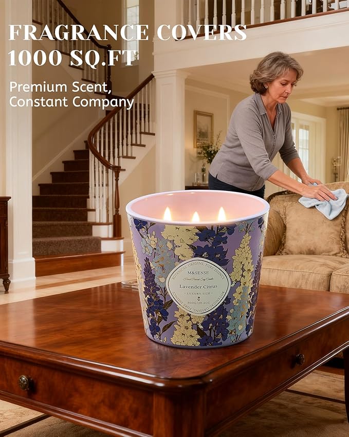 M&SENSE Lavender Citrus Scented Candle, 28.2oz 3 Wick Natural Soy Wax Large Candles, Long Lasting Clean Slow Burning No Toxic Décor for Home Relaxation, Romantic Dates & Gift-Giving