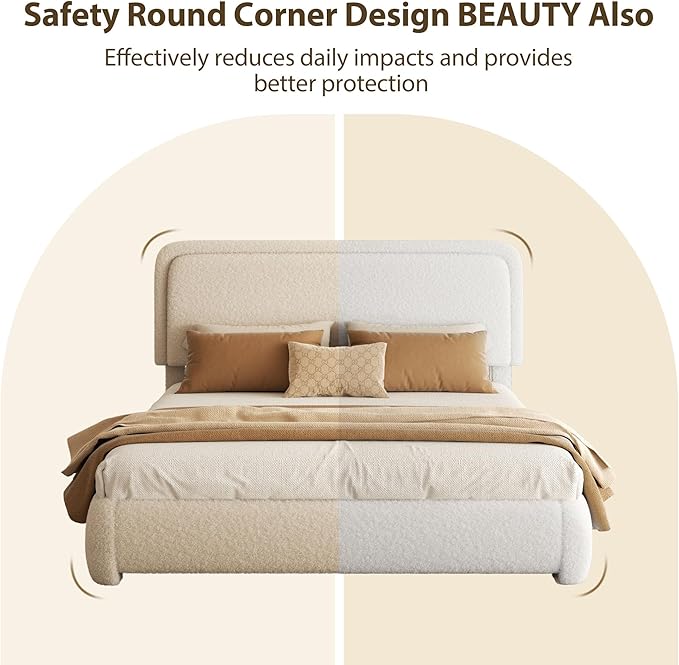 Queen Bed Frame, Teddy Velvet Boucle Bed Frame with 43.3"/45.3" Adjustable Upholstered Headboard, Rounded Corners, Mattress Foundation, No Box Spring Required, Beige