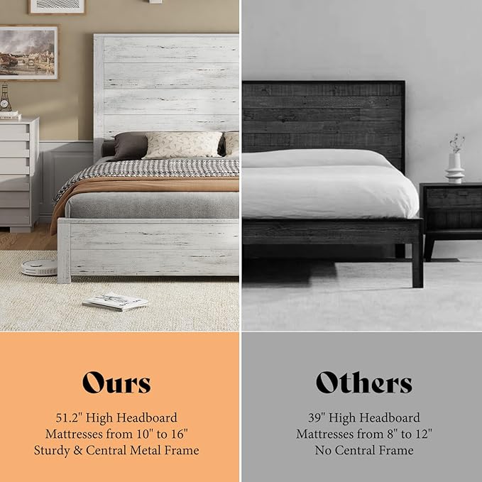 AMERLIFE Queen Size Wood Bed Frame, Rustic 51.2" Platform Bed with Spliced Headboard, Wood Slats Support/Noiseless/No Box Spring Needed, Antique White