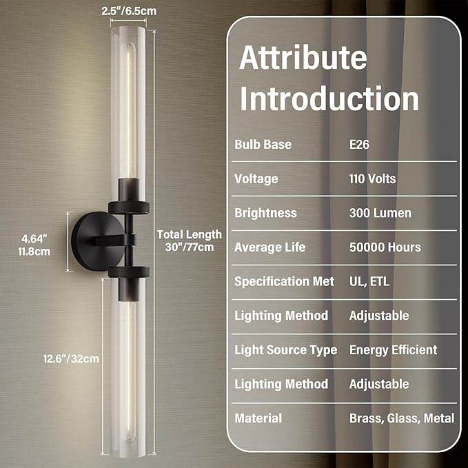 Brass Wall Sconces, 30in Black 2-Light Double Glass Sconces Wall Lighting, Bathroom Knurled Vanity Light Sconces, Wall Lights for Living Room Bedroom（Including Bulb）