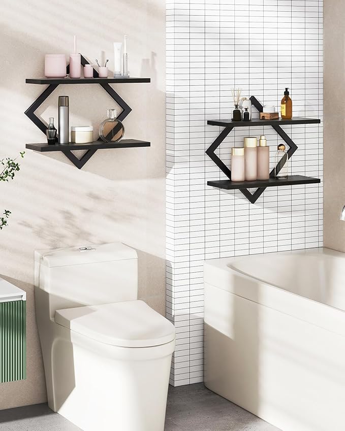 IBUYKE Floating Shelves,15 Inch Wall Shelf Set of 2,Wall Mounted Shelves,2 Tier Hanging Decorative Storage Shelf for Living Room, Bedroom, Bathroom, Kitchen TFS003B-2