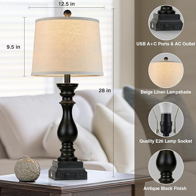28" Farmhouse Table Lamps Set of 2 with USB C+A Ports and AC Outlet, 3 Way Touch Tall Vintage Bedside Lamp for Living Room, Black Rustic Nightstand Lamp for Bedroom Office