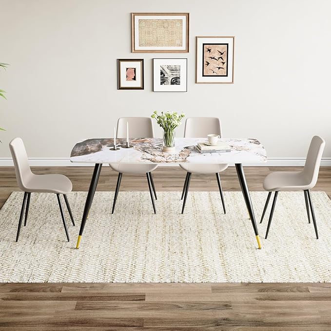 Modern Dining Table Set for 4, 62'' Sintered Stone Dining Table with 4 Chairs, Easy to Assemble