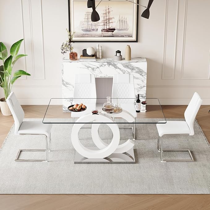 63'' Glass Dining Table Set for 4, Kitchen Table Chairs Set of 4, Clear Glass Dining Table with White unique design Leg and Silver Metal Base, 4 PU Dining Chairs with Metal Legs, Living Room, Kitchen.