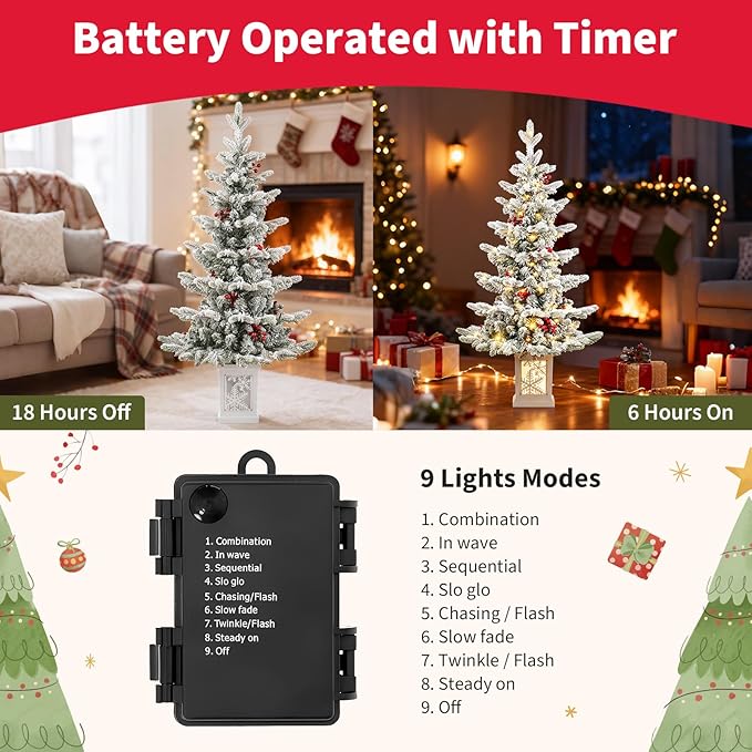 Two Pack Small Pre-Lit Christmas Tree with LED Lights - 3.5FT Snow Flocked Ariticifial Tree with Snowflake Base, Battery Operated & Auto Timer for Home Office Xmas Decor