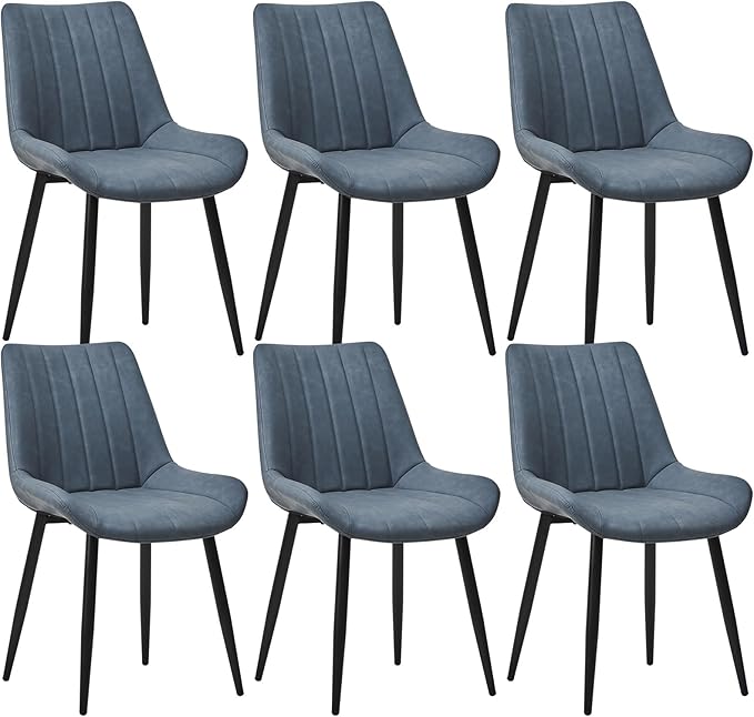 Dining Chairs Set of 6, Faux Leather Modern Linear Design Dining Chair with Metal Legs, 16.9" Seat Width Chair for Kitchen, Lounge, Reception Room, Restaurant, Commercial (Haze Blue)