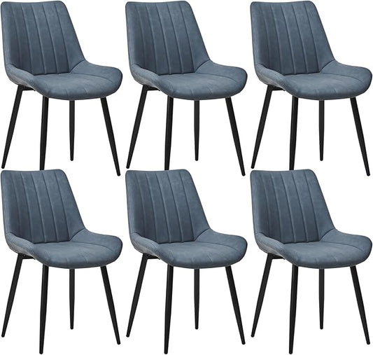 Dining Chairs Set of 6, Faux Leather Modern Linear Design Dining Chair with Metal Legs, 16.9" Seat Width Chair for Kitchen, Lounge, Reception Room, Restaurant, Commercial (Haze Blue)